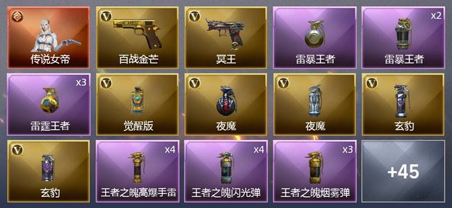 穿越火线（CF）1传说角色 10王者武器 2炫金武器 44V武器 1V角色 16皮肤 可排位