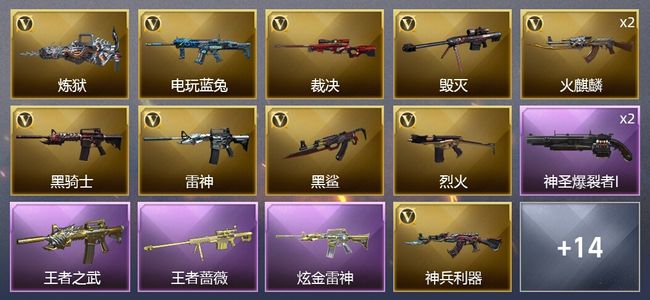 穿越火线（CF）2王者武器 1炫金武器 22V武器 2V角色 10皮肤 可排位 枪王