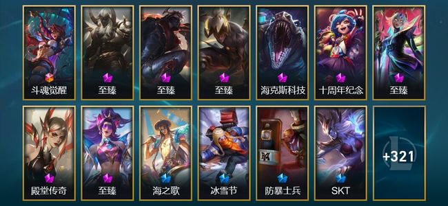 英雄联盟（LOL）1终极 8神话 10臻彩 45限定 37传说 334皮肤 148炫彩 172英雄 翡翠