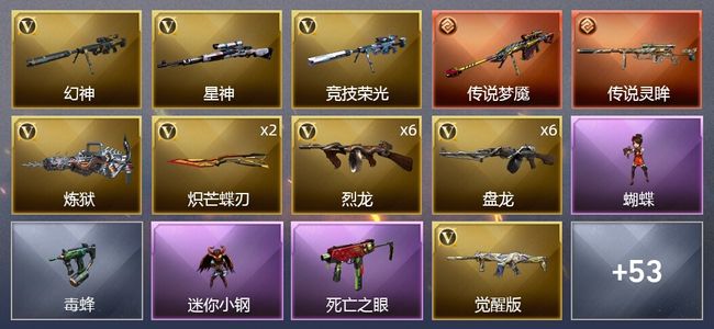 穿越火线（CF）2传说武器 1炫金武器 58V武器 2V角色 13皮肤 可排位 传奇