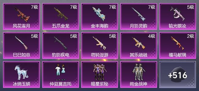 和平精英1载具 10升级枪 7粉装 2尾迹 312枪皮 229套装 100669热力 20印记 皇冠
