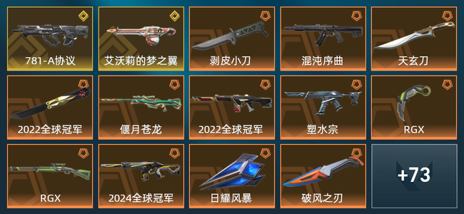无畏契约2金皮 19橙皮 12紫皮 87皮肤 5,4140皮肤总价值 1360已用源晶 铂金