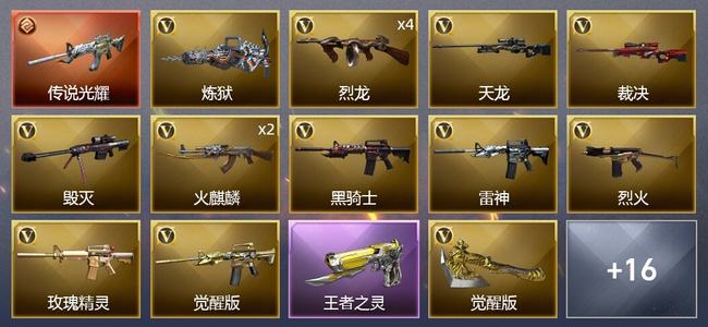 穿越火线（CF）1传说武器 1王者武器 2炫金武器 27V武器 8皮肤 可排位 新锐