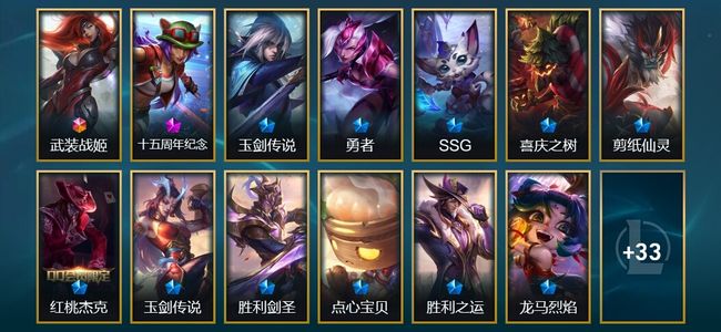 英雄联盟（LOL）1终极 1神话 4臻彩 12限定 4传说 46皮肤 30炫彩 172英雄 钻石