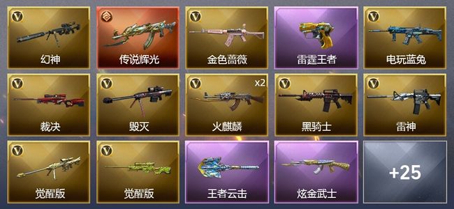 穿越火线（CF）1传说武器 3王者武器 3炫金武器 33V武器 1V角色 16皮肤 可排位 新锐