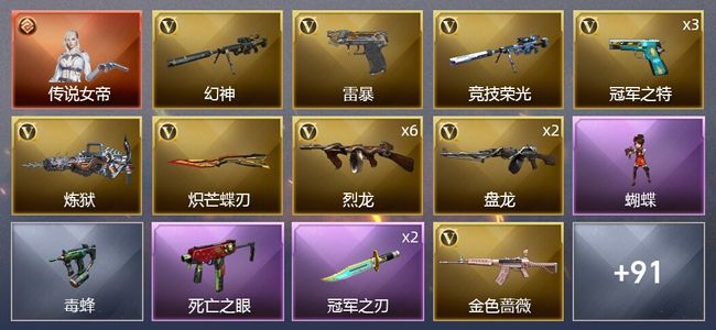 穿越火线（CF）1传说角色 1王者武器 3炫金武器 112V武器 6V角色 33皮肤 可排位 枪王