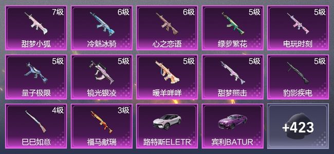 和平精英4载具 12升级枪 14粉装 5尾迹 251枪皮 184套装 84144热力 8印记