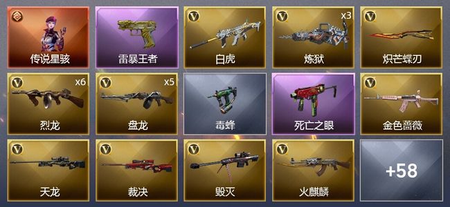 穿越火线（CF）1传说角色 7王者武器 4炫金武器 74V武器 3V角色 20皮肤 可排位