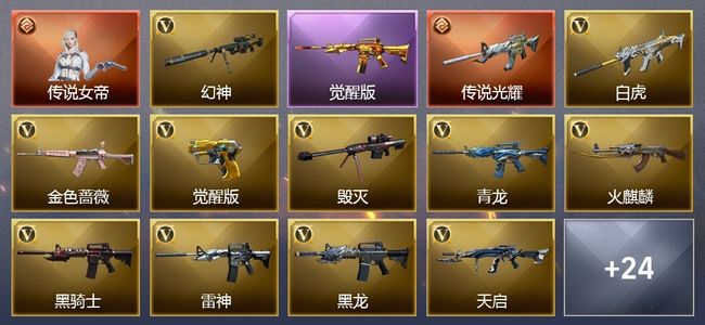 穿越火线（CF）1传说角色 2传说武器 14王者武器 2炫金武器 28V武器 3V角色 13皮肤 可排位