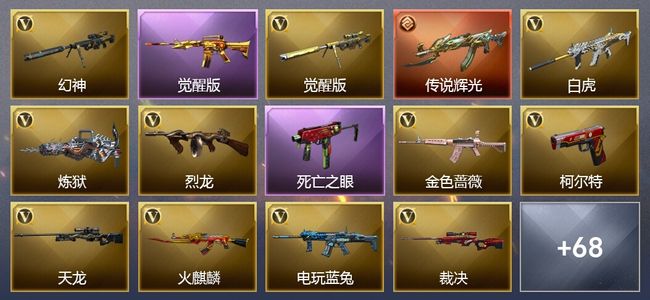 穿越火线（CF）1传说武器 28王者武器 3炫金武器 108V武器 34V角色 43皮肤 可排位