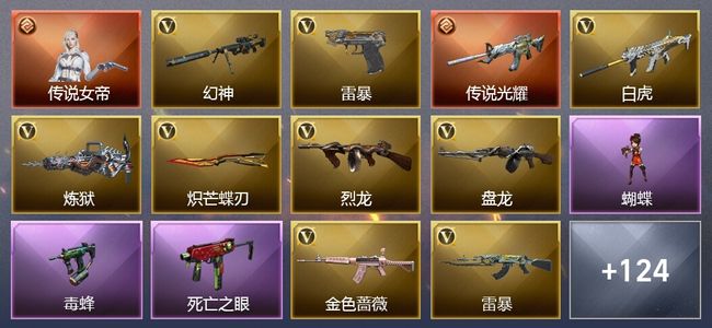 穿越火线（CF）1传说角色 1传说武器 30王者武器 9炫金武器 192V武器 47V角色 31皮肤 可排位