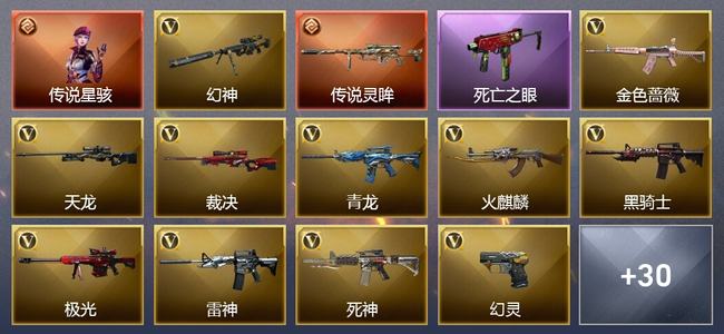 穿越火线（CF）1传说角色 1传说武器 2王者武器 3炫金武器 52V武器 28V角色 10皮肤 可排位