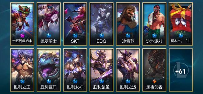 英雄联盟（LOL）1神话 1臻彩 11限定 12传说 74皮肤 23炫彩 163英雄 白银