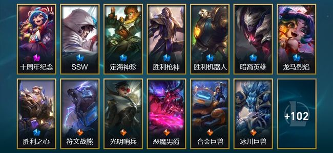 英雄联盟（LOL）1神话 3臻彩 7限定 11传说 115皮肤 92炫彩 172英雄 钻石