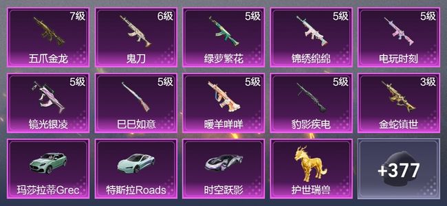 和平精英4载具 10升级枪 8粉装 6尾迹 250枪皮 144套装 76575热力 20印记 王牌