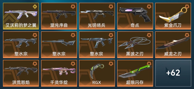 无畏契约18橙皮 1金皮 6紫皮 76皮肤 40640皮肤总价值 970已用源晶 铂金