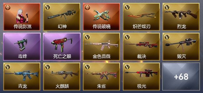 穿越火线（CF）1传说角色 1传说武器 8王者武器 4炫金武器 70V武器 40V角色 18皮肤 可排位