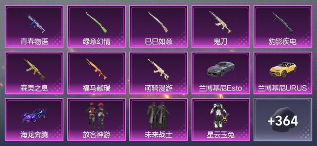 和平精英3载具 8升级枪 4粉装 1尾迹 335枪皮 229套装 99894热力 16印记