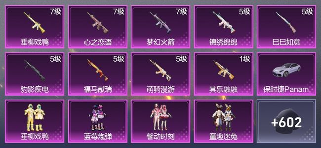 和平精英1载具 9升级枪 16粉装 5尾迹 335枪皮 287套装 120193热力 23印记 王牌