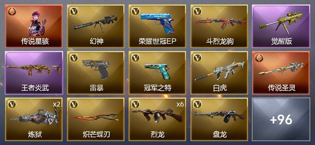 穿越火线（CF）1传说角色 1传说武器 7王者武器 4炫金武器 112V武器 7V角色 53皮肤 可排位 新锐