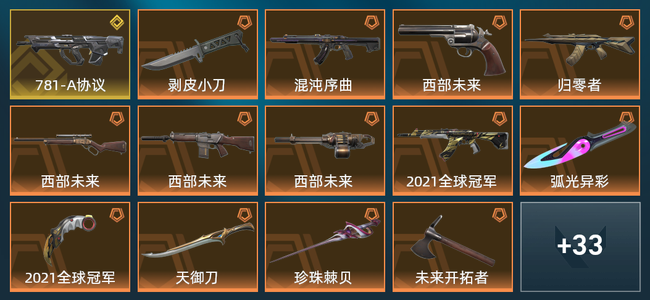 无畏契约13橙皮 1金皮 6紫皮 47皮肤 33680皮肤总价值 755已用源晶 铂金