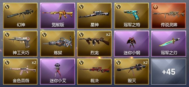 穿越火线（CF）1传说武器 4王者武器 2炫金武器 56V武器 1V角色 18皮肤 可排位 新锐