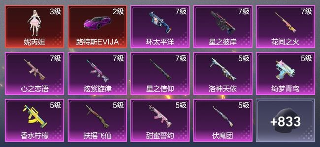 和平精英10载具 27升级枪 28粉装 15尾迹 489枪皮 321套装 198686热力 29印记 王牌