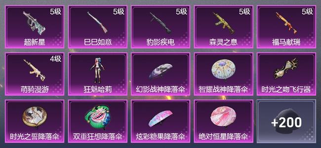 和平精英【苹果版】6升级枪 1粉装 1尾迹 134枪皮 84套装 3,2037热力 5印记