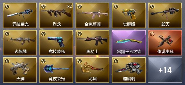 穿越火线（CF）1传说武器 2王者武器 29V武器 2V角色 4皮肤 可排位 新锐