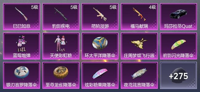 和平精英1载具 4升级枪 2粉装 1尾迹 125枪皮 157套装 49676热力 2印记 星钻