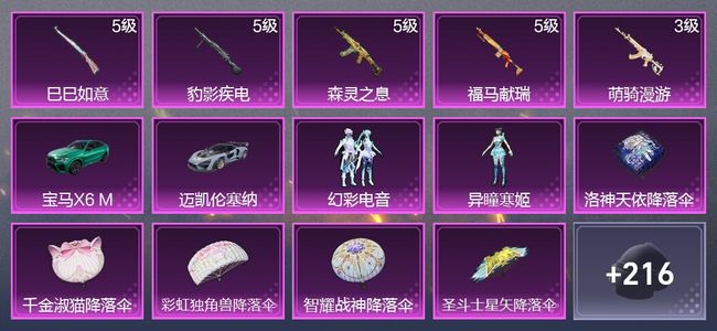 和平精英2载具 5升级枪 2粉装 2尾迹 131枪皮 100套装 37731热力 8印记 皇冠