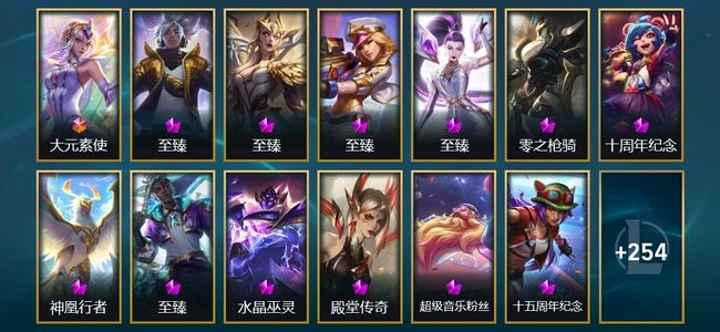 英雄联盟（LOL）1终极 13神话 10臻彩 33限定 34传说 267皮肤 153炫彩 172英雄