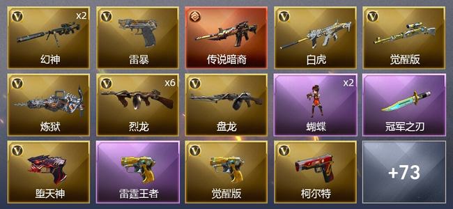 穿越火线（CF）1传说武器 2王者武器 4炫金武器 107V武器 2V角色 33皮肤 可排位 传奇