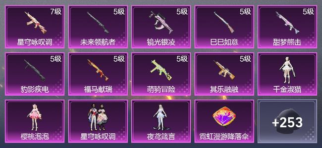 和平精英9升级枪 4粉装 1尾迹 174枪皮 101套装 45604热力 1印记