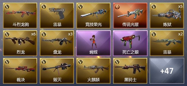 穿越火线（CF）1传说武器 1王者武器 2炫金武器 85V武器 1V角色 15皮肤 可排位 新锐