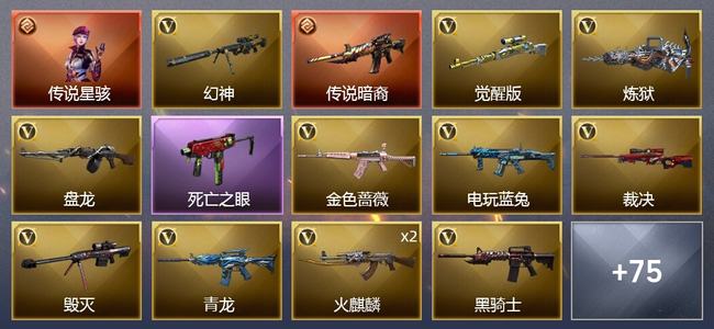 穿越火线（CF）1传说角色 2传说武器 6王者武器 91V武器 5V角色 44皮肤 可排位 枪王