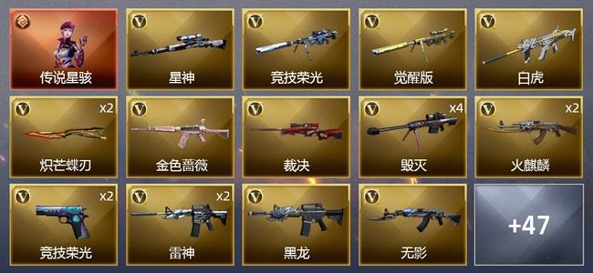 穿越火线（CF）1传说角色 2传说武器 5王者武器 76V武器 9V角色 28皮肤 可排位 枪王