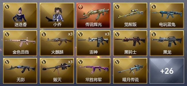 穿越火线（CF）1传说武器 1王者武器 2炫金武器 38V武器 3V角色 14皮肤 可排位 枪王