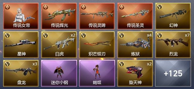 穿越火线（CF）1传说角色 3传说武器 7王者武器 6炫金武器 168V武器 6V角色 54皮肤 可排位
