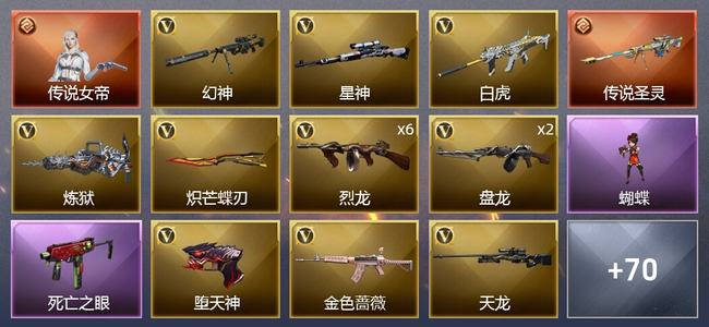 穿越火线（CF）1传说角色 2传说武器 4王者武器 3炫金武器 65V武器 7V角色 10皮肤 可排位 枪王