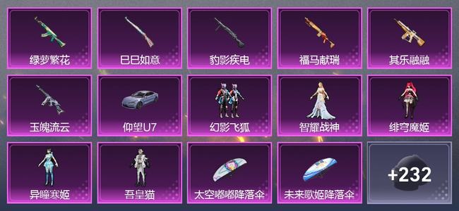 和平精英1载具 6升级枪 5粉装 2尾迹 220枪皮 167套装 59601热力 9印记