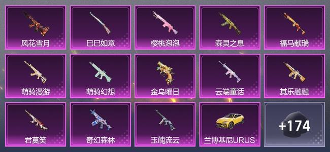 和平精英4载具 13升级枪 3粉装 3尾迹 158枪皮 102套装 52833热力 5印记