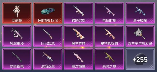 和平精英3载具 15升级枪 9粉装 9尾迹 251枪皮 146套装 85471热力 7印记