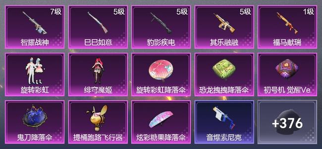 和平精英5升级枪 2粉装 1尾迹 242枪皮 171套装 63525热力 15印记 皇冠