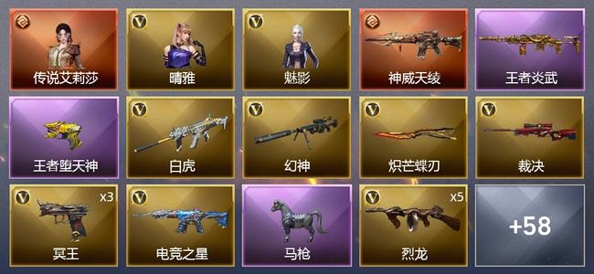 穿越火线（CF）1传说角色 1传说武器 7王者武器 3炫金武器 77V武器 5V角色 28皮肤 可排位 传奇