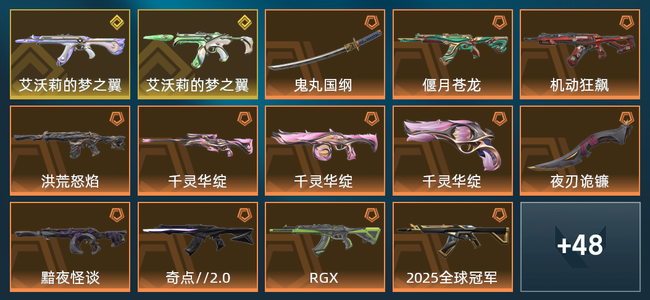 无畏契约2金皮 18橙皮 3紫皮 62皮肤 4,0360皮肤总价值 1115已用源晶 黄金