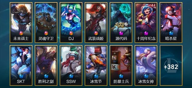 英雄联盟（LOL）4终极 2神话 1臻彩 77限定 30传说 395皮肤 27炫彩 152英雄