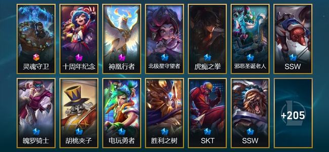 英雄联盟（LOL）1终极 2神话 5臻彩 24限定 22传说 218皮肤 13炫彩 173英雄