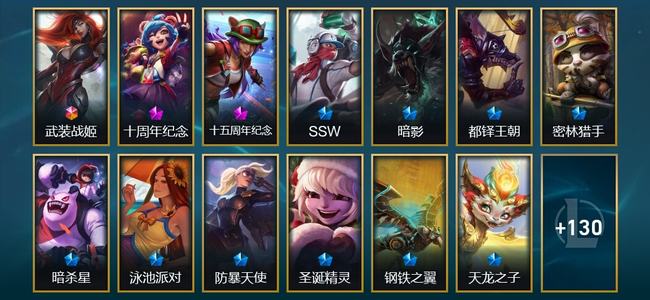 英雄联盟（LOL）1终极 2神话 5臻彩 16限定 15传说 143皮肤 28炫彩 173英雄 白银