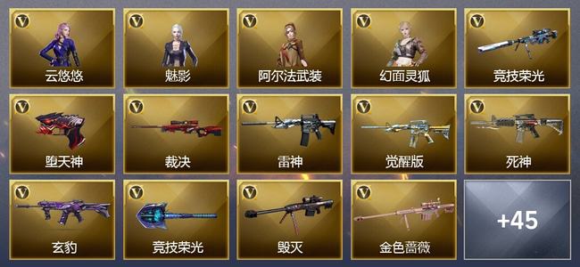 穿越火线（CF）1王者武器 1炫金武器 45V武器 4V角色 17皮肤 可排位 传奇